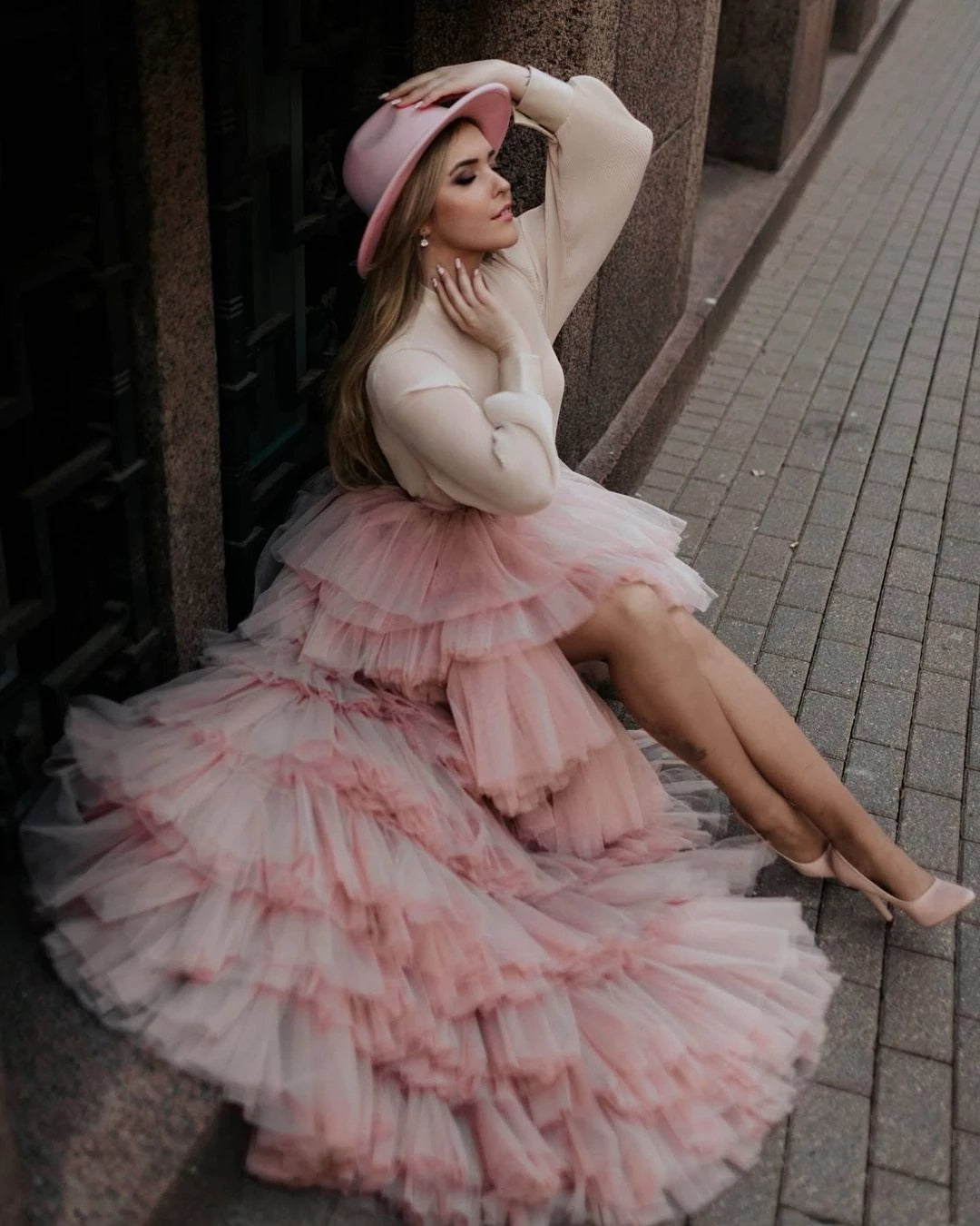 Ruffled Pink Maxi Skirt Hi-Low