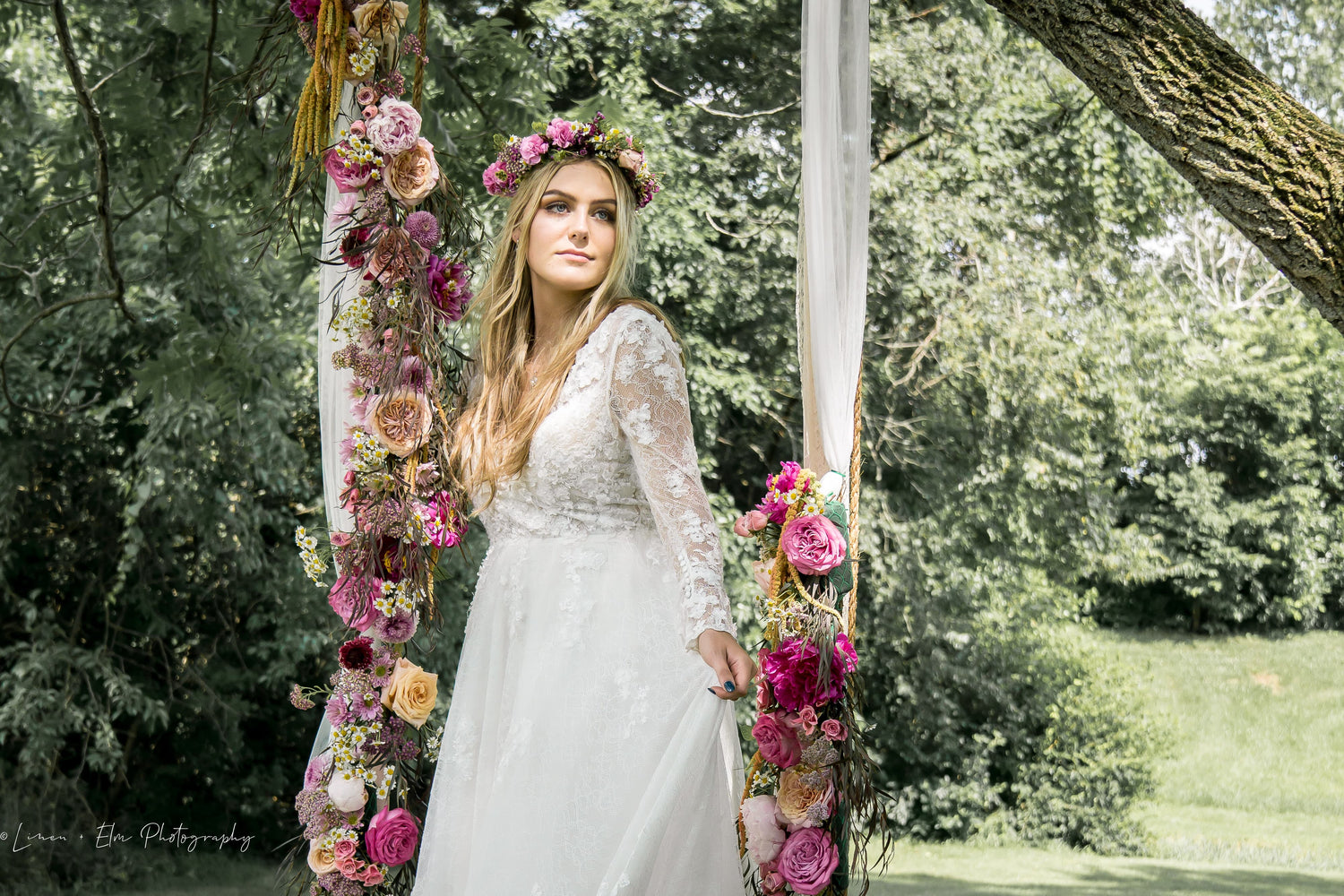 Cincinnati Wedding Photography Boho Bride on a swing by Linen & Elm