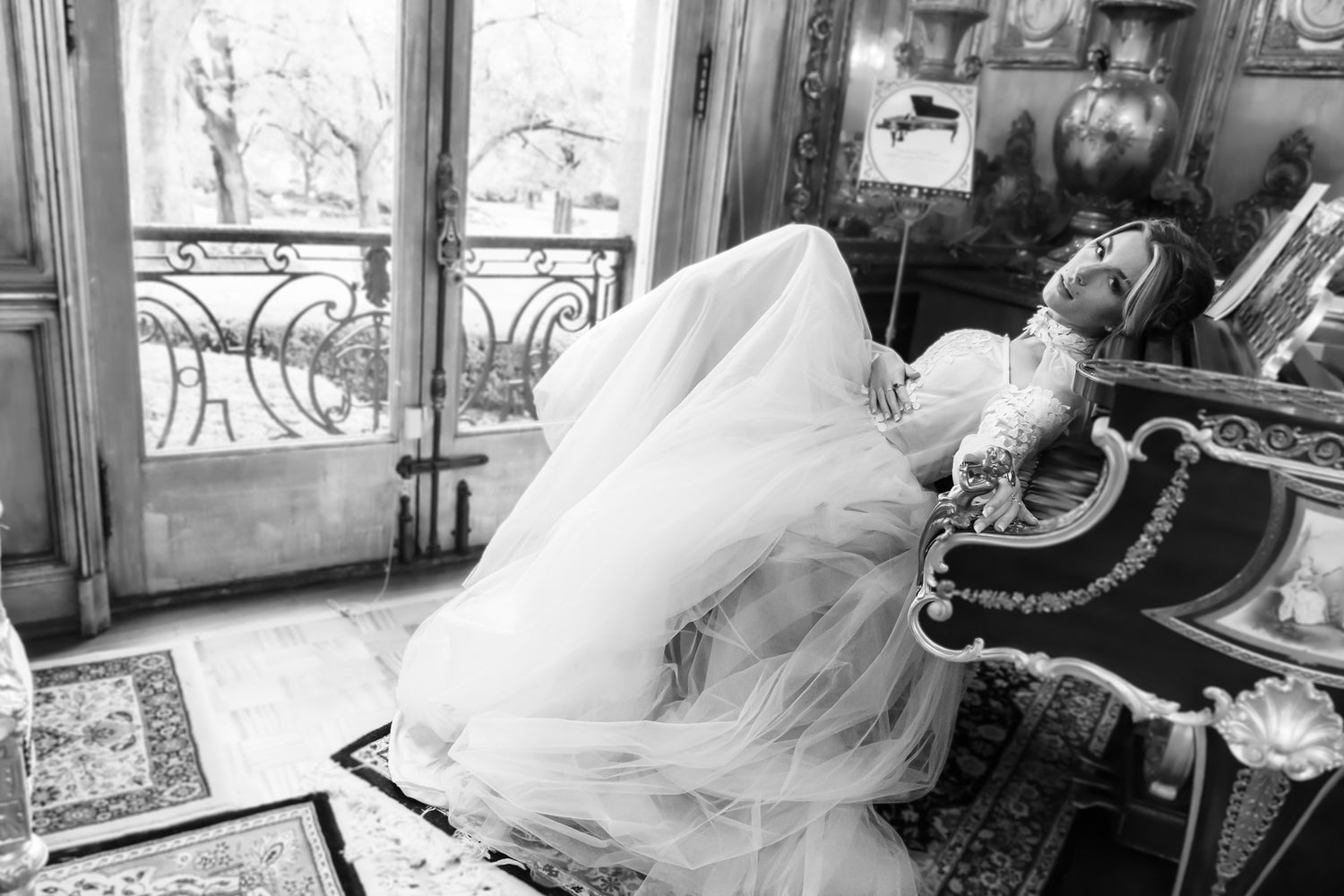 Wedding Photography Cincinnati. Elegant Timeless wedding photos for all couples. Bride near piano. LBGTQ+ friendly