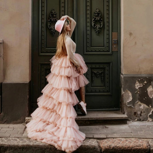 Ruffled Pink Maxi Skirt Hi-Low